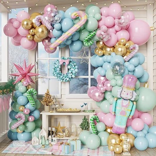 Christmas Nutcracker Balloon Arch Garland Kit, 150PCS Nutcracker Christmas Decor Pink Green Pastel Candyland Colorful Xmas Decorations for Christmas New Year Winter Holiday Birthday Party