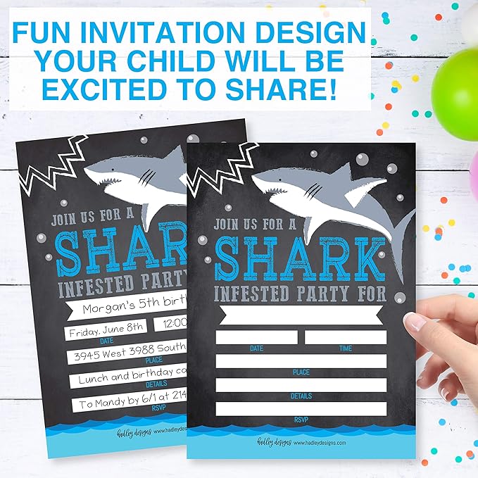 Hadley Designs Kids Birthday Invitations For Boys Shark Theme - 25 Shark Birthday Party Invitations For Boys, Sea Creature Invites For Boy, Cute Ocean Party Supplies, Made In USA