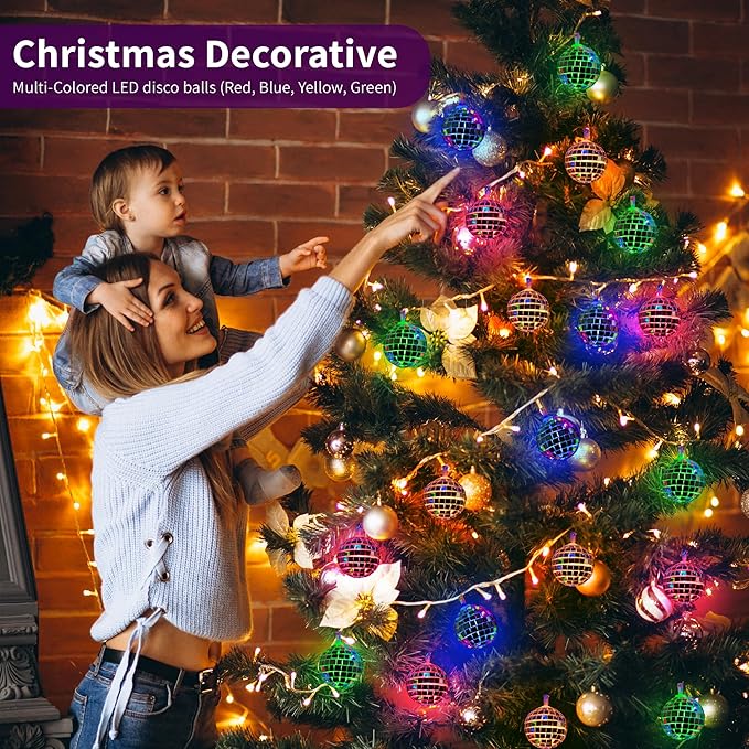 20 LED 2" Disco Balls String Lights 10.5ft, Memory Timer, Battery Operated Portable Decorative Novelty Christmas Holiday Hanging Fairy Light Garland Indoor/Outdoor, Silver Mirror/Colorful