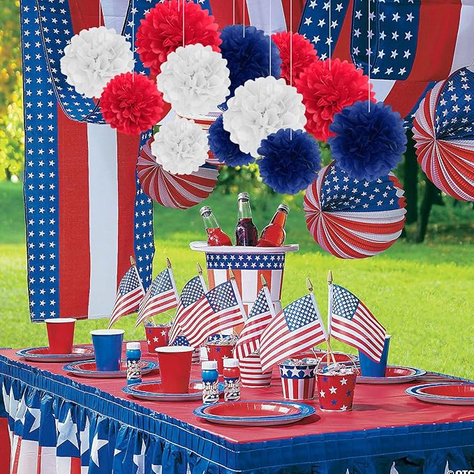 18 PCS Tissue Paper Pom Poms, Tissue Pom Poms Flowers, Sizes of 6", 10", 12", 14" Hanging Paper Flower Ball for Independence Day, Fourth of July, Baby Shower Party Decor (Red Blue White)
