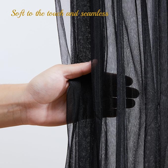 10x8ft Black Tulle Backdrop Curtain with Lights String for Parites, Sheer Photo Backdrop Curtains for Wedding Baby Shower Birthday Party Photo Shoot Decorations