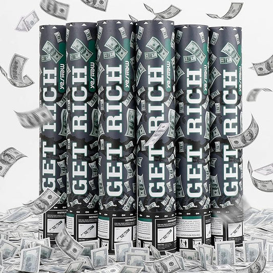 Money Confetti Gun, Biodegradable Confetti Cannon Party Poppers (6 Pack) – YESHOW Cash Cannon & Prop Money Blaster for Birthday, Graduation, New Year’s Eve, Christmas Party Supplies - 12 inch