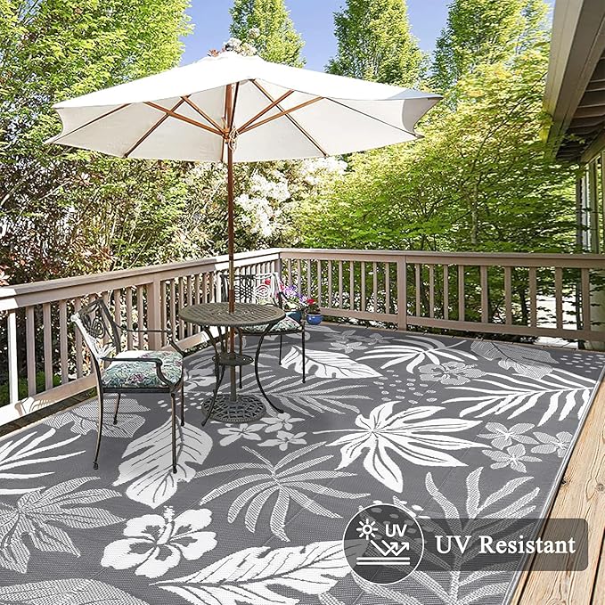 Pauwer Waterproof Outdoor Rug 8x10, Reversible Plastic Straw Patio Camping Rug, Indoor Outdoor RV Mat Carpet for Deck, Camper, Porch, Balcony, Backyard, Picnic, Floral Grey
