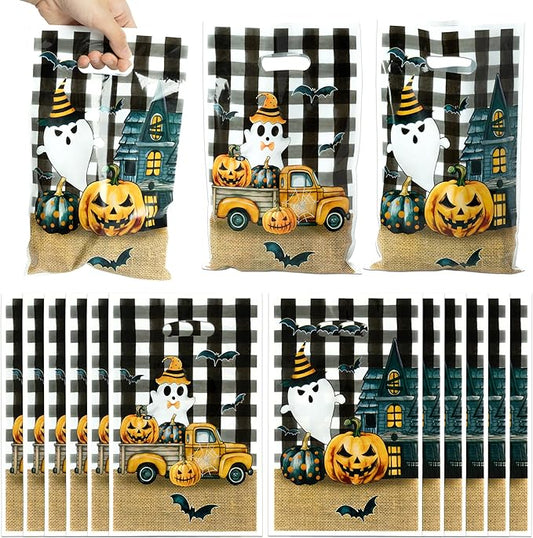 Haooryx Little Boo Pumpkin Party Favor Bags - 50Pcs Halloween Little Ghost Plastic Gift Bag Birthday Party Gift Warp Goodie Candy Treat Bags for Halloween Party Kid Birthday Baby Shower Party Supplies
