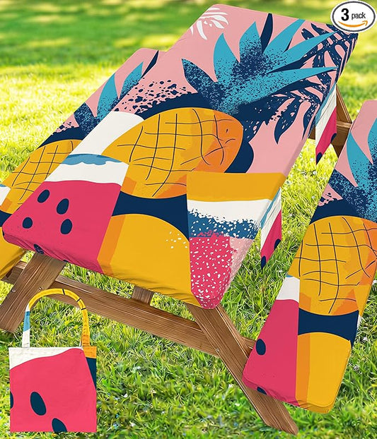 Picnic Table Cover with Bench Covers Waterproof Fitted Table Cloth Tablecover Camper Camp Camping Essentials Outdoor Beach Summer River Water Motorhome Trailer Road Trip Tent Rv Car Travel Activities