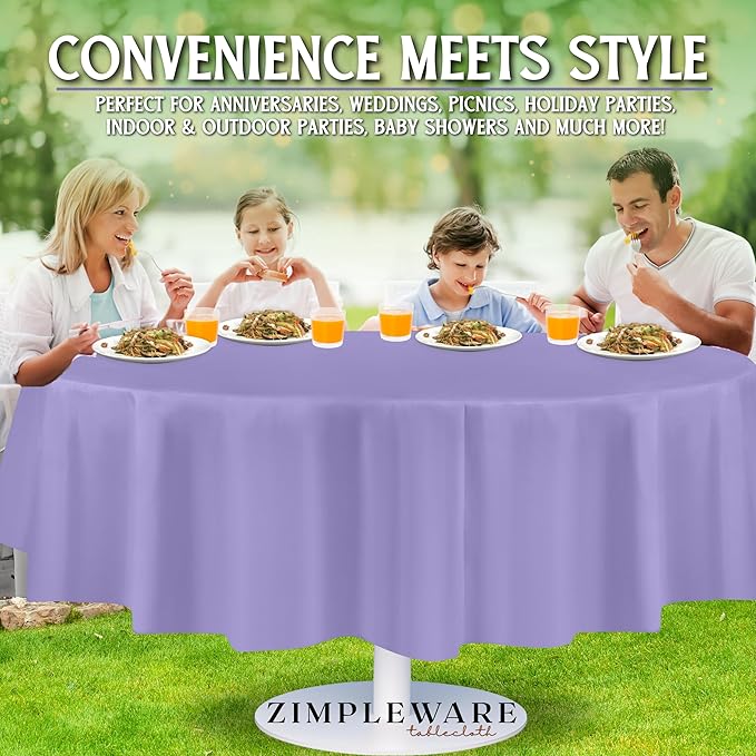 ZIMPLEWARE Premium Lavender Plastic Table Cloth Disposable (12 Pack) Round Tablecloth (84in) Party Table Cloths Disposable, Perfect Table Cloth Round Cover for Any Table Up to 6 Feet