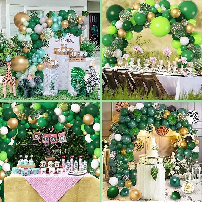 Amandir 153pcs Green and Gold Balloon Garland Arch Kit, Different Sizes 18 12 10 5 inch Green Latex Metallic Confetti Balloons Graduation Birthday Anniversary Safari Party Decoration Supplies