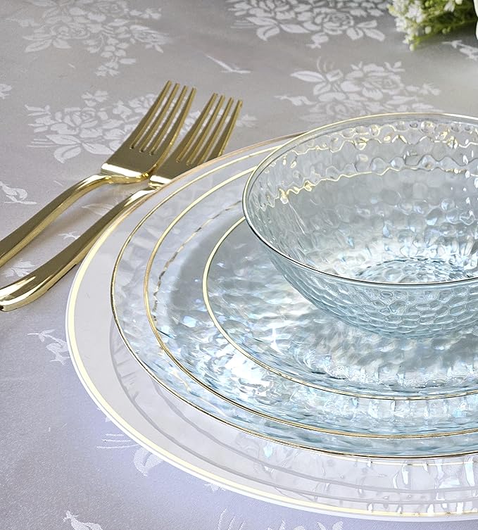" OCCASIONS " 240 Plates Pack,(120 Guests) Heavyweight Premium Disposable Plastic Plates Set -120 x 10'' Dinner + 120 x 7'' Salad / Dessert (Coastal Clear & Gold)