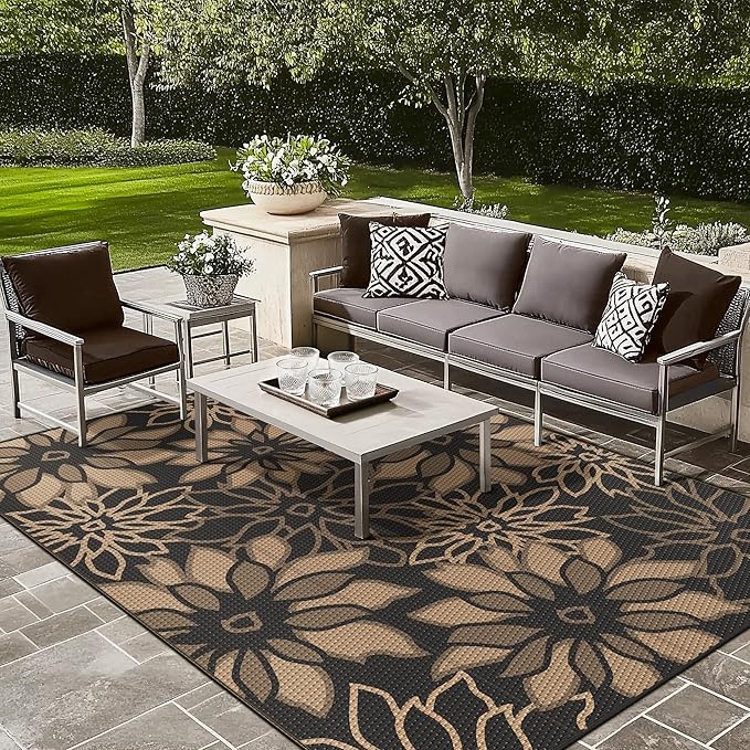 GENIMO Outdoor Rug Waterproof for Patio Decor, 10' x 14' Reversible Plastic Straw Floral Camping Carpet, Large Area Rugs Mats for RV, Camper, Deck, Balcony, Porch, Beach, Picnic, Black & Brown