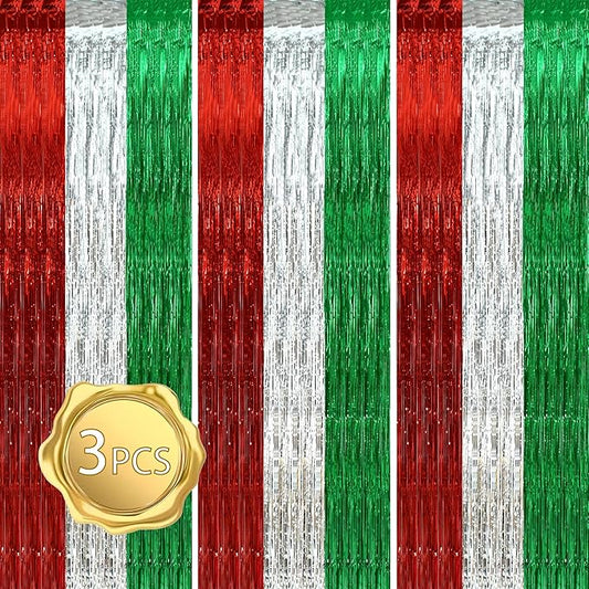 BEISHIDA 3Pcs Red Silver Green Door Streamer Christmas Day Backdrop Foil Fringe Tinsel Merry Christmas Curtains Backdrops for Christmas Day Party Decoration (3.28 ft x 6.56 ft)
