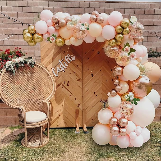 Blush Balloon Garland Kit, Nude Beige Metallic Gold and Rose Gold Confetti Latex Balloons Double Stuffed Cream Pink White Balloon Arch for Girls Wedding Baby Bridal Shower Birthday Party Decorations
