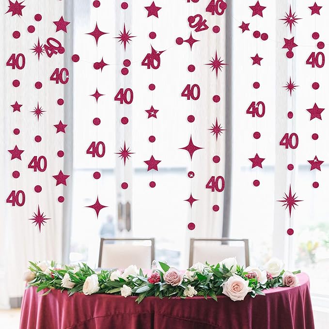 Burgundy 40th Birthday Decorations Number 40 Circle Dot Star Garland Glitter Streamer Banner Backdrop for Women Men Forty Fabulous Cheers to 40 Years Old Birthday 40th Anniversary Party Supplies
