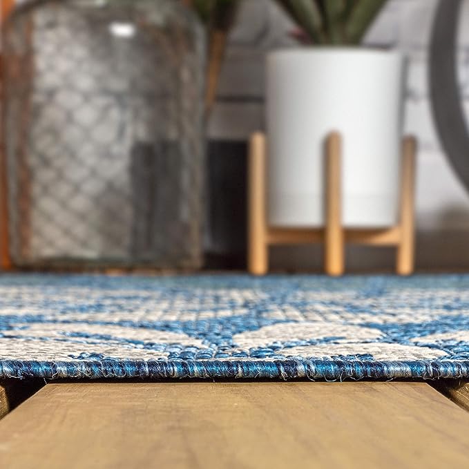JONATHAN Y Floral Textured Weave Indoor Outdoor Square Area Rug 5X5 Navy/Aqua, Zinnia Modern for Backyard, Patio, Porch, Easy-Cleaning, High Traffic, Pet-Friendly, Non-Shedding (SMB110C-5SQ)