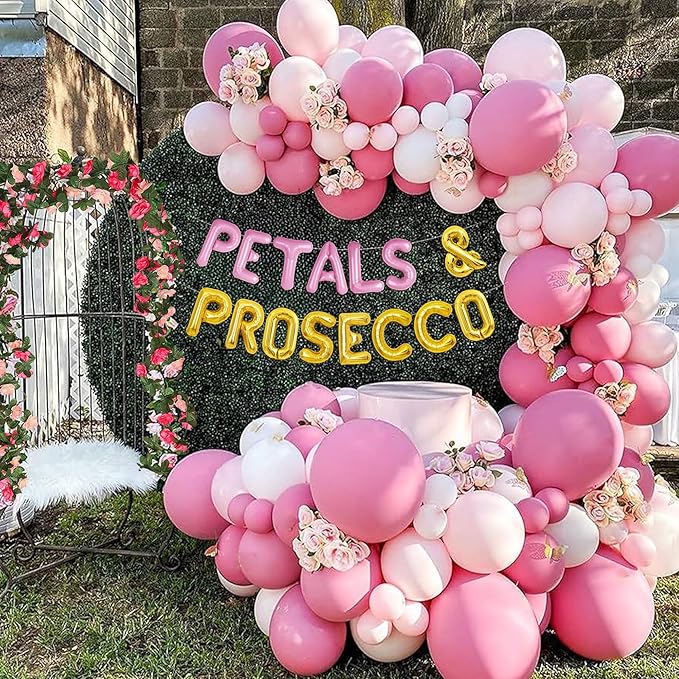 Petals And Prosecco Bridal Shower Decorations Artificial Pink Flowers Garland Prosecco Balloons Spring Roses Floral Hanging Garland Vine Wedding Party Supplies