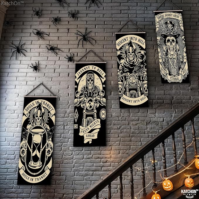 KatchOn, Scary Halloween wall decorations - Pack of 4 | Grim Reaper Stretching Portraits For Halloween Decoration | Vintage Vinyl Hanging Portraits for Haunted House Decoration for Outdoor Indoor Home