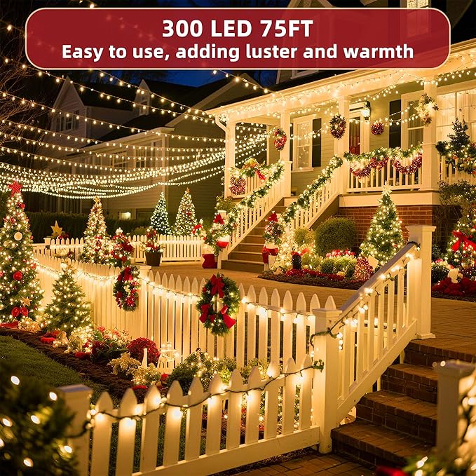 300LED 75FT Christmas Lights Indoor, LED Christmas Tree Decoration Lights with 12 Modes & Timer Memory, Dimmable Plug In Waterproof LED Xmas Light for Yard Trees Wedding Party Holiday Warm White
