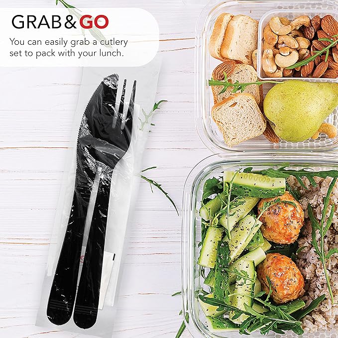 Party Essentials Individually Wrapped Heavy Duty Plastic Utensil Kits, 50 Sets for Party Catering, Fork/Knife/Napkin/Salt/Pepper, Black