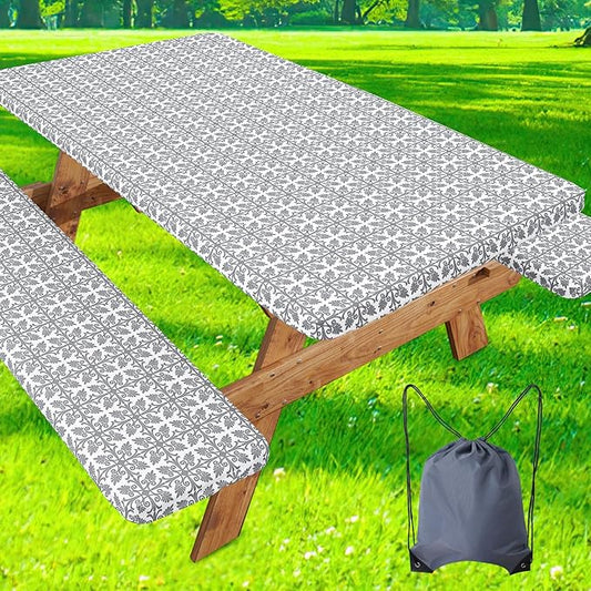 misaya Picnic Table Cover with Bench Cover, Waterproof Elastic Fitted Tablecloth for 6 Foot Tables, Rectangle Washable Polyester Tablecloths for Picnic, Camping, Outdoor (Grey, 30" x 72")