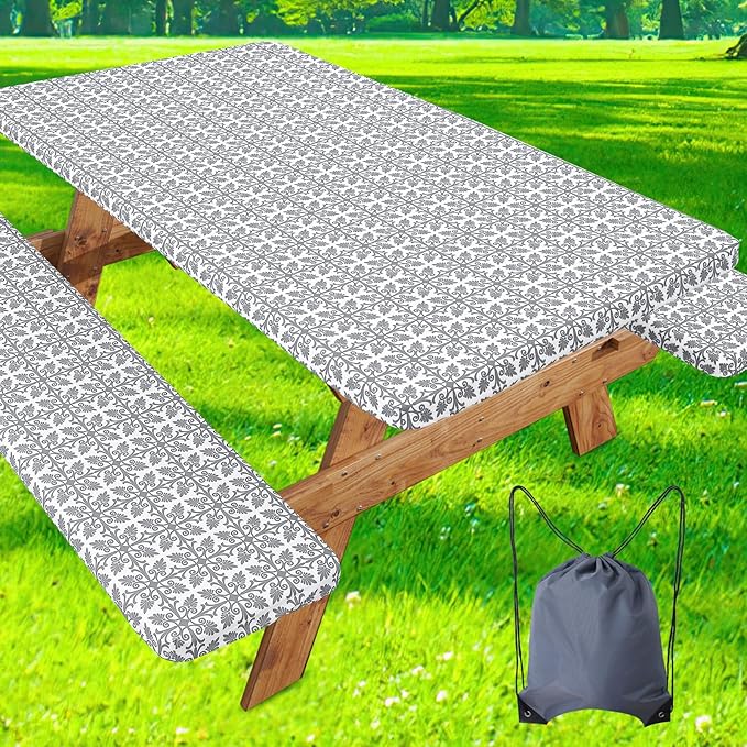 misaya Picnic Table Cover with Bench Cover, Waterproof Elastic Fitted Tablecloth for 5 Foot Tables, Rectangle Washable Polyester Tablecloths for Picnic, Camping, Outdoor (Grey, 30" x 60")