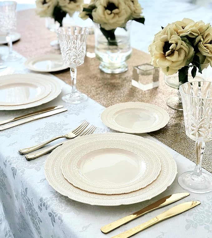 OCCASIONS 120 Guests Heavy Duty Disposable Plastic Plates Set ??11" Dinner & 8.25" Salad Plates, Premium Reusable Party Plates for Weddings, Events, Fancy Dinnerware ??Chateau Ivory