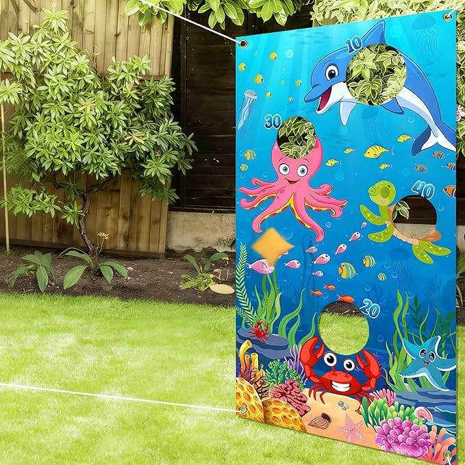Ocean Toss Game, Bean Bag Toss Game for Ocean Theme, Ocean Sea Animal Backdrop Photo Background for Birthday Party Outdoor Indoor Games Family Activities Carnival