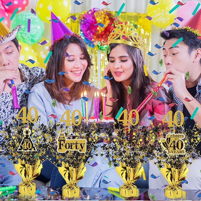 Tatuo 4 Pcs Metallic Foil Spray Centerpiece Happy 30th 40th 50th 60th Years Centerpiece Table Decorations for Black and Gold Birthday Anniversary Wedding Party Table Decor(40th Birthday)