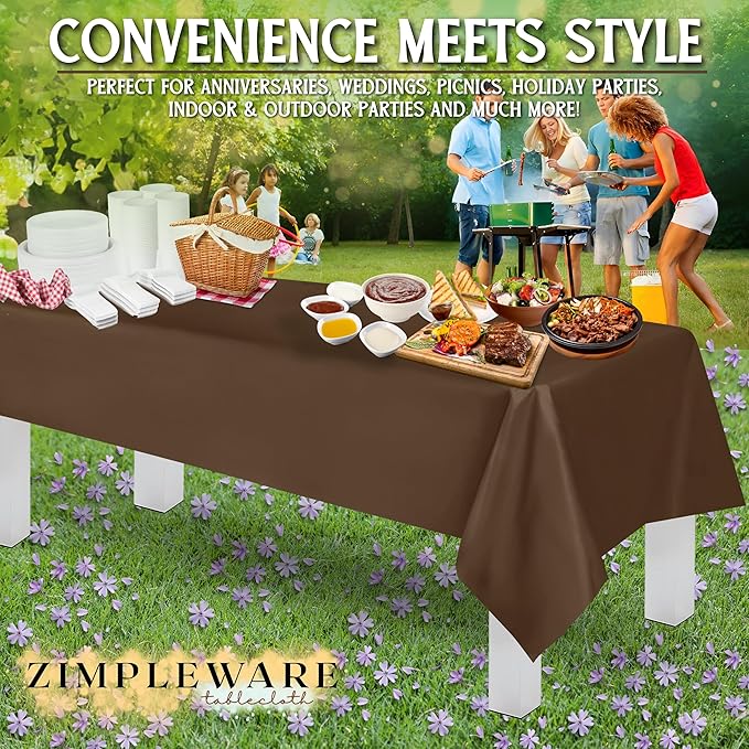 ZIMPLEWARE Premium Brown Plastic Table Cloth Disposable (12 Pk) Plastic Tablecloths for Rectangle Tables (54in x 108in) Party Table Cloths Disposable for 6ft to 8ft Rectangle Tables