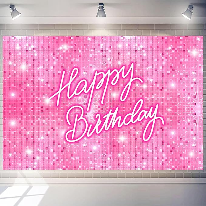 Pink Happy Birthday Backdrop 10x6 FT Polyester Girls Women Photography Background Flash Square Glitter Shimmer Wall Backdrop Photo Booth Props Decoration Party Banner