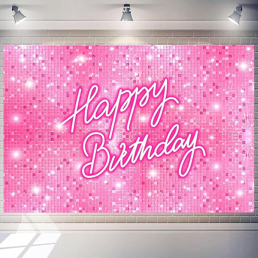 Pink Happy Birthday Backdrop 10x6 FT Polyester Girls Women Photography Background Flash Square Glitter Shimmer Wall Backdrop Photo Booth Props Decoration Party Banner