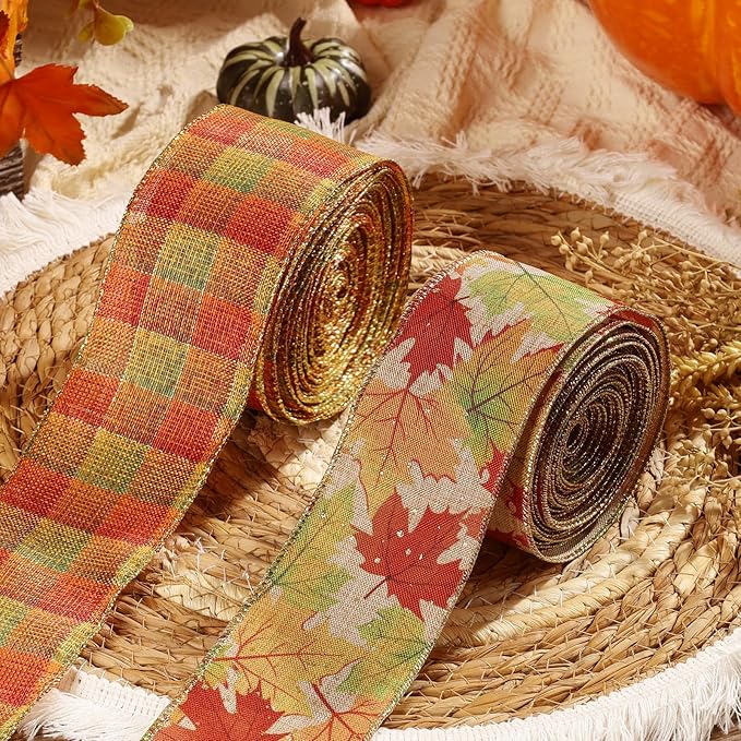 LaRibbons Fall Burlap Plaid Ribbon Wired 2 1/2" x 10 Yards 2 Rolls, Maple Leave Plaid Ribbon for Autumn Wreath Thanksgiving Farm Gift Wrapping Home Decor