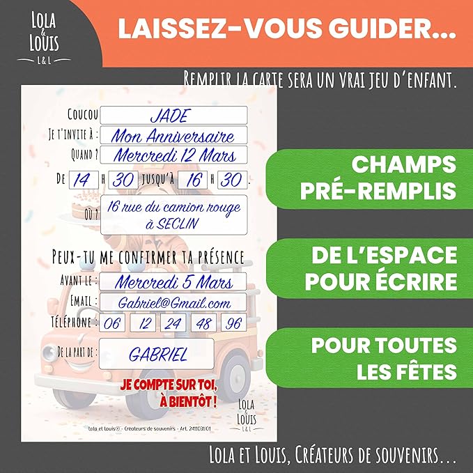 Lola and Louis® • 10 Children's Invitation Cards with Envelopes • Fire Truck Theme for Birthday and Parties • Easy to Fill • Girl and Boy Invitations • Thick Premium Quality Paper