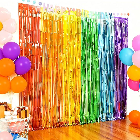 2pcs Colorful Foil Fringe Backdrop Curtains 39*78 Inch Tinsel Streamersdance Party Decorations For 2026 New Years Eve, Christmas,Halloween Graduation, Birthday, Baby Shower, Gender Reveal Party