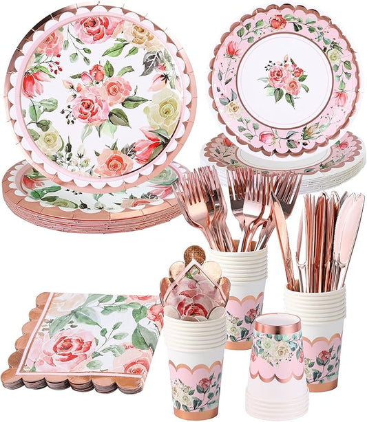Vintage Floral Party Supplies Rose Gold for Mother's Day - Serves 16 - Includes Flower Paper Plates Cups Napkins Knifes Forks for Baby Shower Bridal Shower Wedding Birthday Decorations Tea Party
