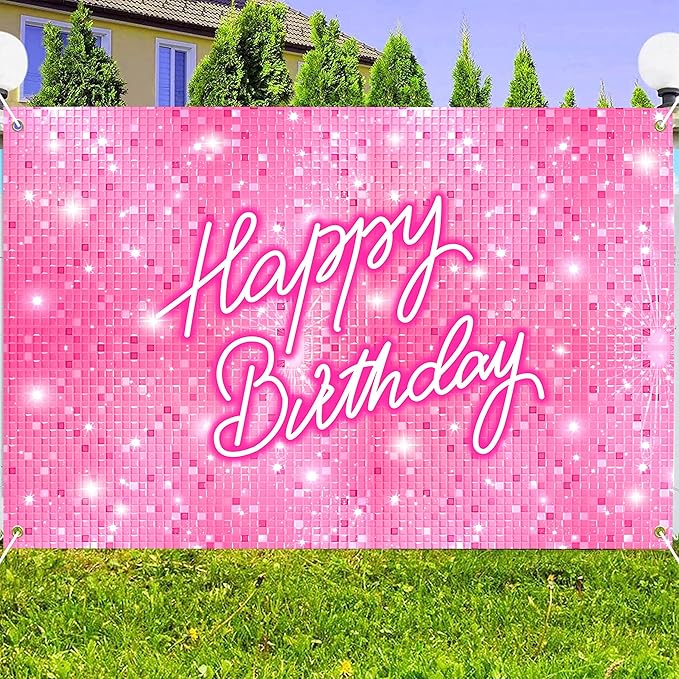 Pink Happy Birthday Backdrop 10x6 FT Polyester Girls Women Photography Background Flash Square Glitter Shimmer Wall Backdrop Photo Booth Props Decoration Party Banner