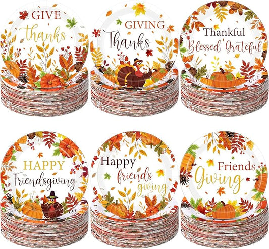 Funnymoom 60 Pcs 7 Inch Happy Friendsgiving Paper Plates Give Thanks Plates Decorations Fall Pumpkin Turkey Tableware for Autumn Harvest Thanksgiving Dinner BBQ Picnic Farmhouse Party Supplies