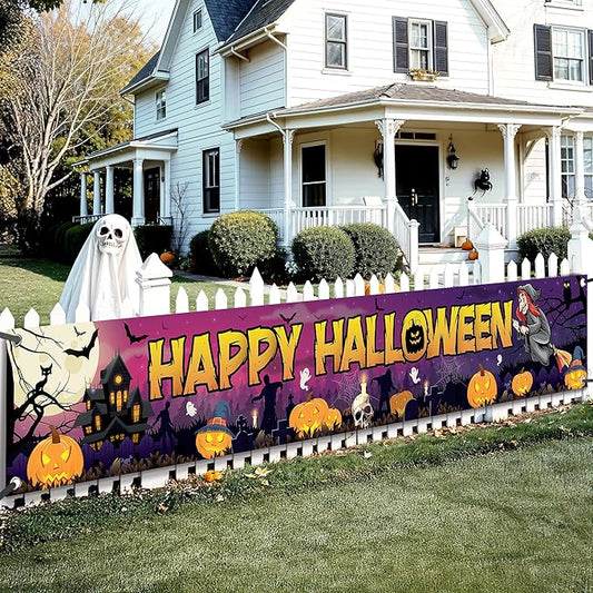 Katchon, Happy Halloween Banners For Outside - Xtralarge, 120x20 Inch | Halloween Yard Banner | Outdoor Banner for Porch, Fence, or Garden Decorations | Hanging Banners for Outside Yard Decor