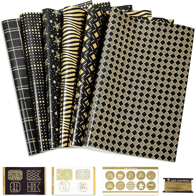 Larcenciel Christmas Gift Wrapping Paper Set, 6 Sheets Metallic Black Gold Foil Wrapping Paper w/Gift Tag & Sticker, Glitter Star Polka Dot Gift Wrap for Birthday Graduation Anniversary,27.5x19.6in