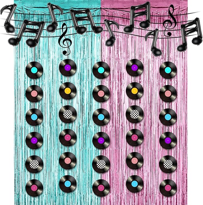 VioraWhite 18pcs 50s Musical Party Decoration Retro Record Garlands Streamers Fringe Curtains Music Note Balloons Photo Backdrop for Music Rock and Roll 70s Birthday Party Supply