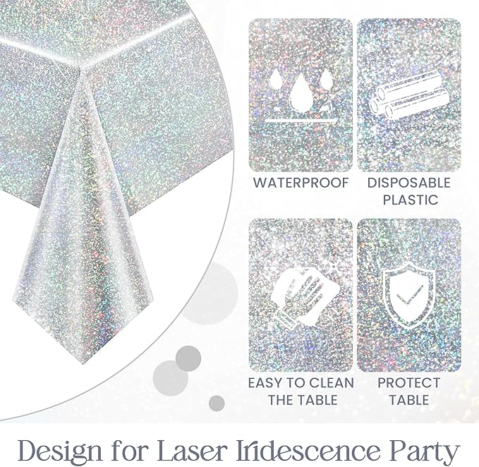 Just Shimmer Sparkling Holographic Laser Tablecloth - Shimmering, Waterproof, Easy to Clean - Ideal for Bachelorette, Birthday, Wedding, and Anniversary Party Decorations (Pink & Silver, 2)