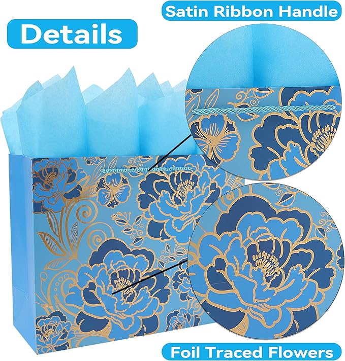 13" Large Rose Blue Gift Bag Set with Greeting Card and Tissue Paper(Foil Traced Flowers) for Celebrating Birthdays, Mother's Day, Weddings, Anniversary, Valentine's Day - 13”x5.2”x10.2”, 1 Pcs.