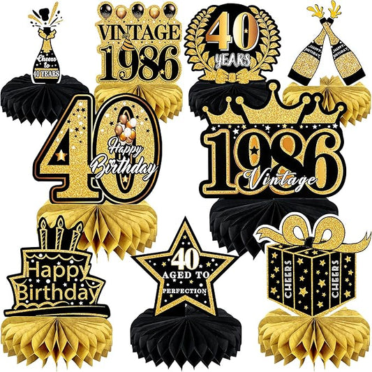 9 Pcs 40th Birthday Decoration for Men Women Happy 40th Birthday Table Decorations Cheers to 40th Honeycomb Centerpieces Birthday Party Decorations Black and Gold 40th Birthday Party Favors
