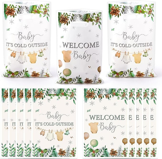 Haooryx Winter Baby Shower Party Favor Bags - 50Pcs Baby It Cold Outside Plastic Goodie Candy Treat Bag with Handle Gift Wrap Decor for Kid Birthday Baby Shower Christmas Decoration Party Favor Supply