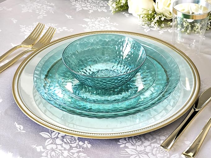 " OCCASIONS " 100 Plates Pack (50 Guests) Wedding Party Disposable Plastic Plate Set -50 x 10'' Dinner + 50 x 7'' Salad/dessert plates (Coastal Clear Blue)