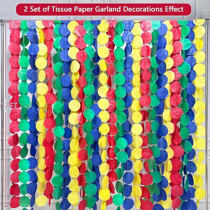 205Ft Mario Party Decorations Red Green Blue Yellow Big Polka Dot Tissue Paper Backdrop Streamer Circle Dot Hanging Garland for Birthday Baby Shower Carnival Circus Clown Fiesta Colorful Party