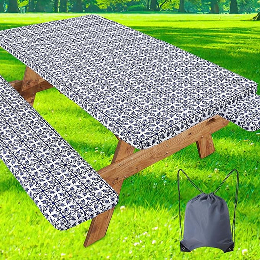 misaya Picnic Table Cover with Bench Cover, Waterproof Elastic Fitted Tablecloth for 8 Foot Tables, Rectangle Washable Polyester Tablecloths for Picnic, Camping, Outdoor (Navy, 30" x 96")