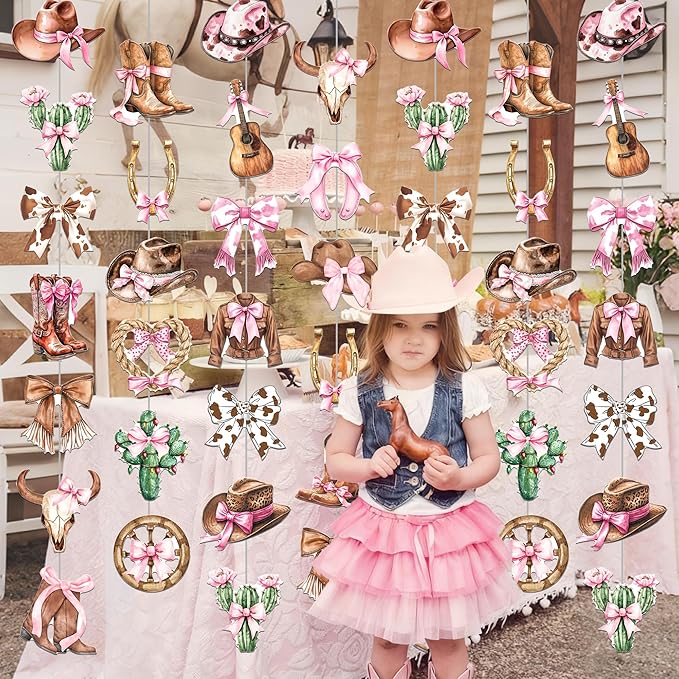 Cowgirl Coquette Garlands 8PCS Western Disco Cowgirls Hanging Decorations Cowgirl Hat and Boots Paper Garland Banner Cactus Pink Bow Decor for Girls Bachelorette Bridal Shower Supplies