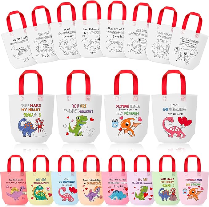 Valentine Coloring Goodie Bags for Kids - 24Pcs Dinosaur Bulk Color Your Own Gift Bags with Handle Valentine's Day Reusable Coloring Non Woven Tote Bag for DIY Craft Painting Party Favor Supplies
