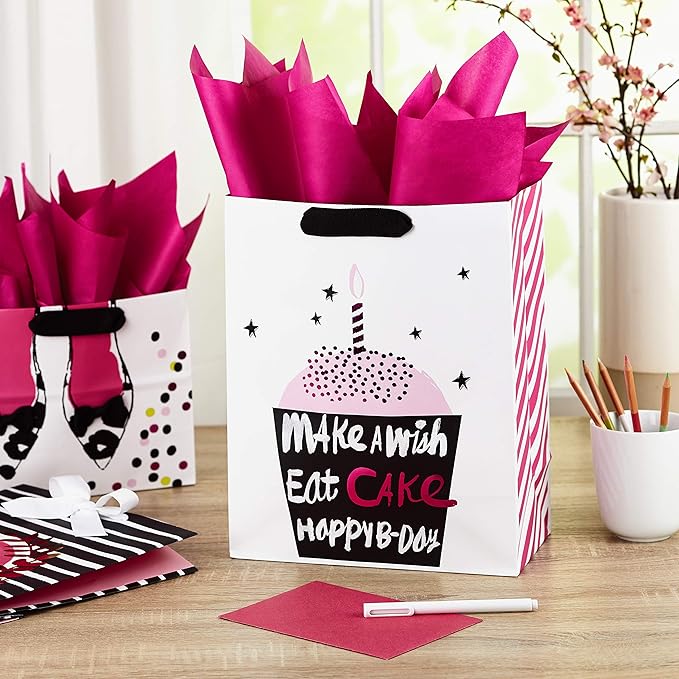 Hallmark Gift Bags Assortment with Tissue Paper - Pink and Black Cupcake, Shoes, Flamingo (Pack of 3: 2 Large 13" and 1 Medium 7" Gift Bags) for Birthdays, Mother's Day, Baby Showers, Bridal Showers