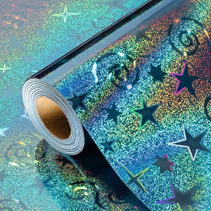 Burymento Blue Wrapping Paper, Metallic Holographic Star Gift Wrap with Shining Design for Birthday, Valentines, Mothers day, Graduation, Wedding, Fathers day, Baby Shower, Christmas (17 IN x 32.8 FT)