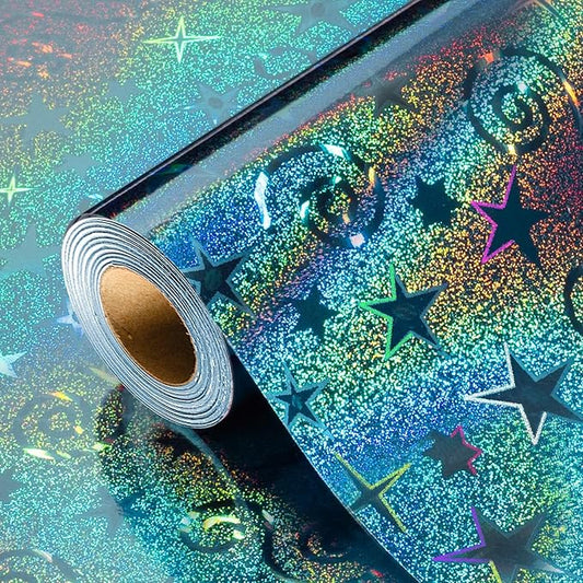 Burymento Blue Wrapping Paper, Metallic Holographic Star Gift Wrap with Shining Design for Birthday, Valentines, Mothers day, Graduation, Wedding, Fathers day, Baby Shower, Christmas (17 IN x 32.8 FT)